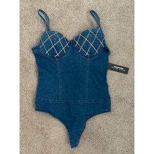 NWT! Haute Monde Denim Bodysuit Bustier w/ Rhinestones